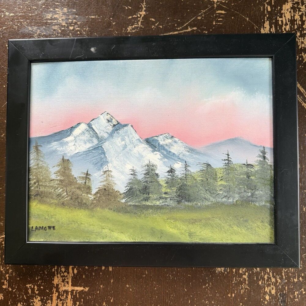 Original Oil Painting Signed LAMOTTE Mountain Landscape Sunset Pines Frame 11x14